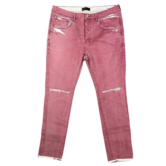 Purple Brand P001 Jeans Burgundy Waxed Distressed Low Rise Skinny Denim 38 Mens